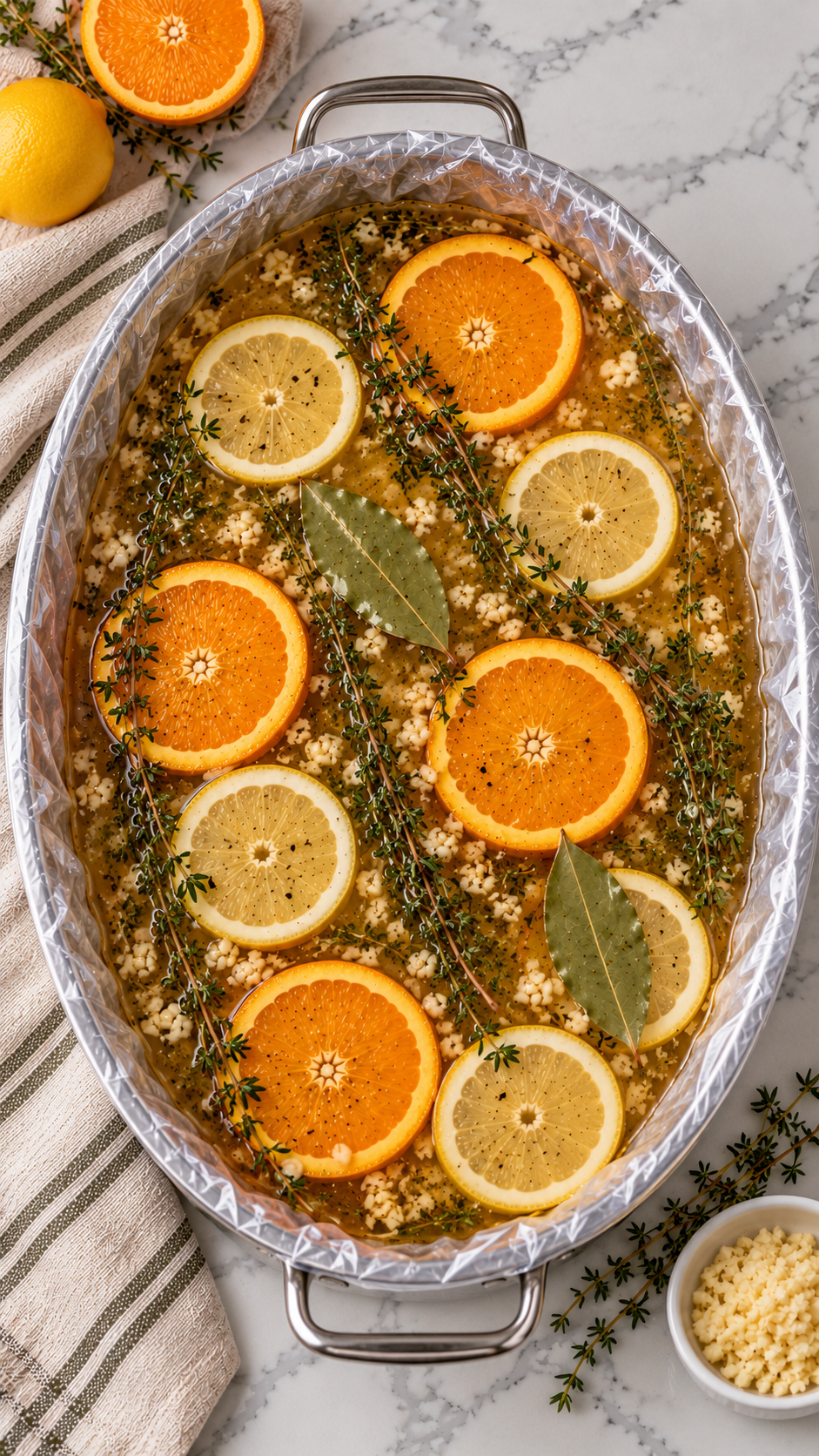 Cold-mixed turkey brine with citrus rounds, thyme, bay leaves, minced garlic and ground pepper