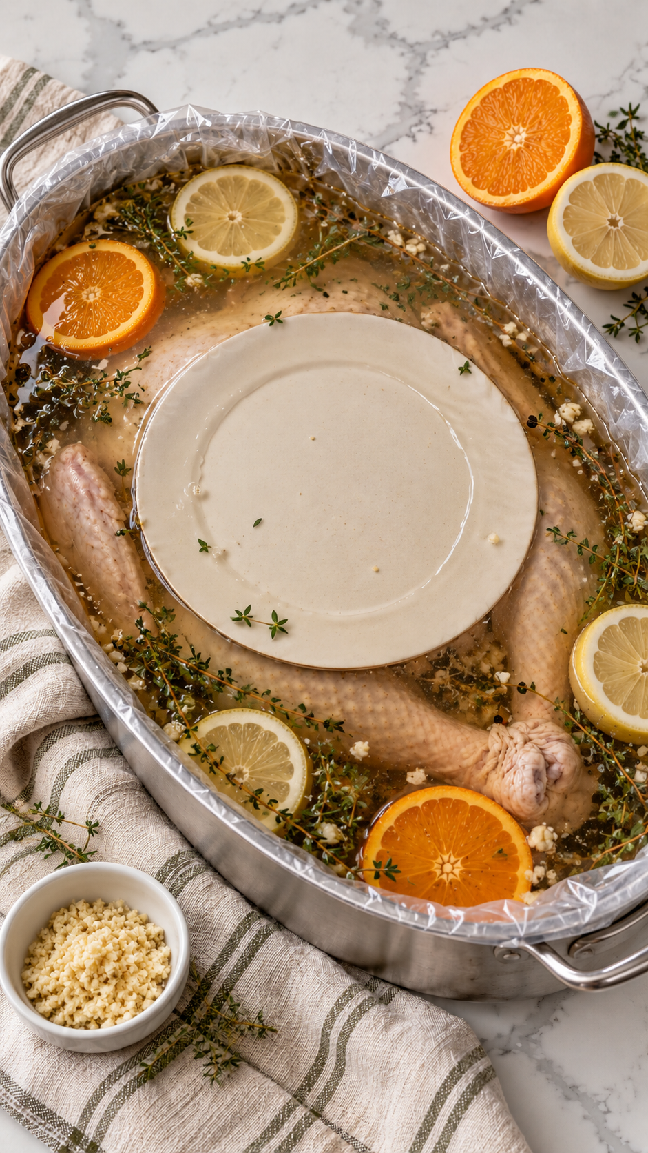 Turkey weighted with a plate beneath citrus brine before covering and refrigerating