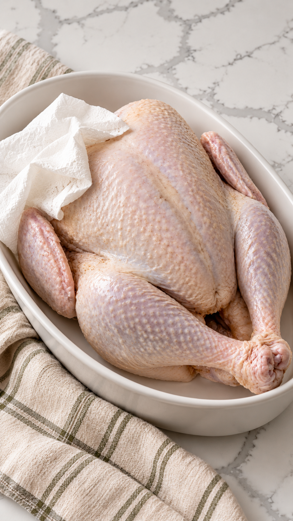 Drained raw turkey with paper towels for drying before cooking