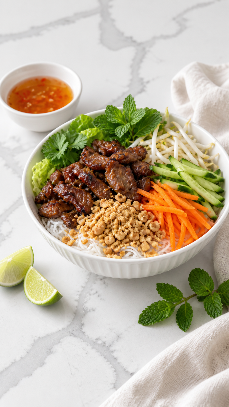 Vietnamese pork noodle bowl with rice vermicelli, fresh vegetables and nuoc cham