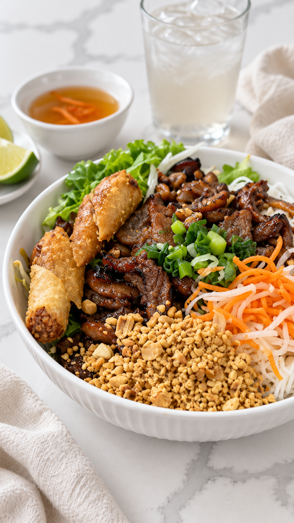 Close view of browned pork, rice noodles, peanuts and optional fried spring rolls