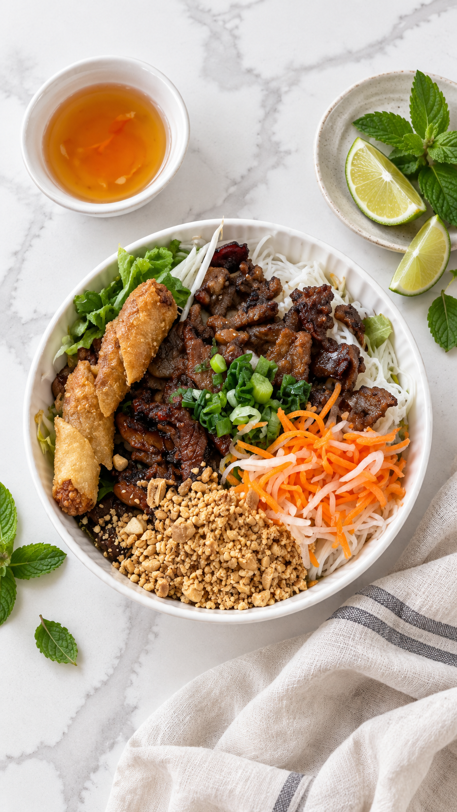 Overhead Vietnamese pork noodle bowl with nuoc cham and lime wedges