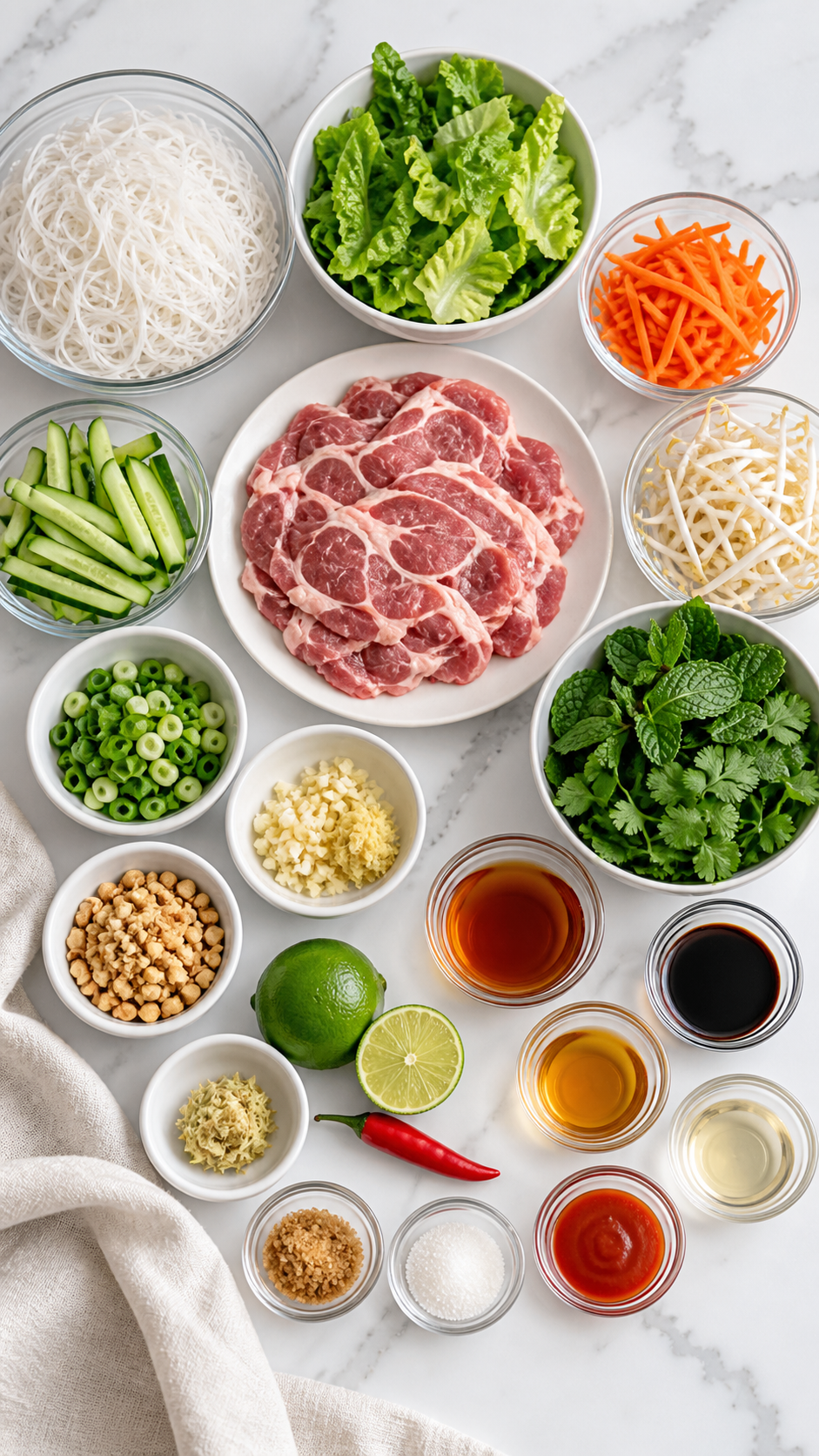Pork, rice noodles, vegetables, herbs and seasonings for Vietnamese pork noodle bowls