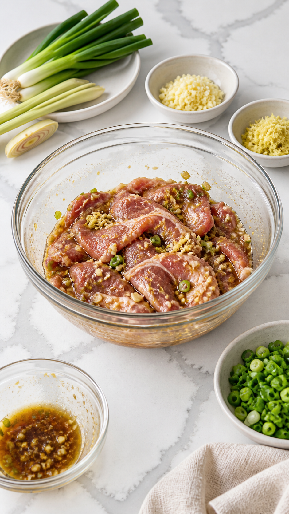 Sliced pork shoulder coated in lemongrass marinade in a glass bowl