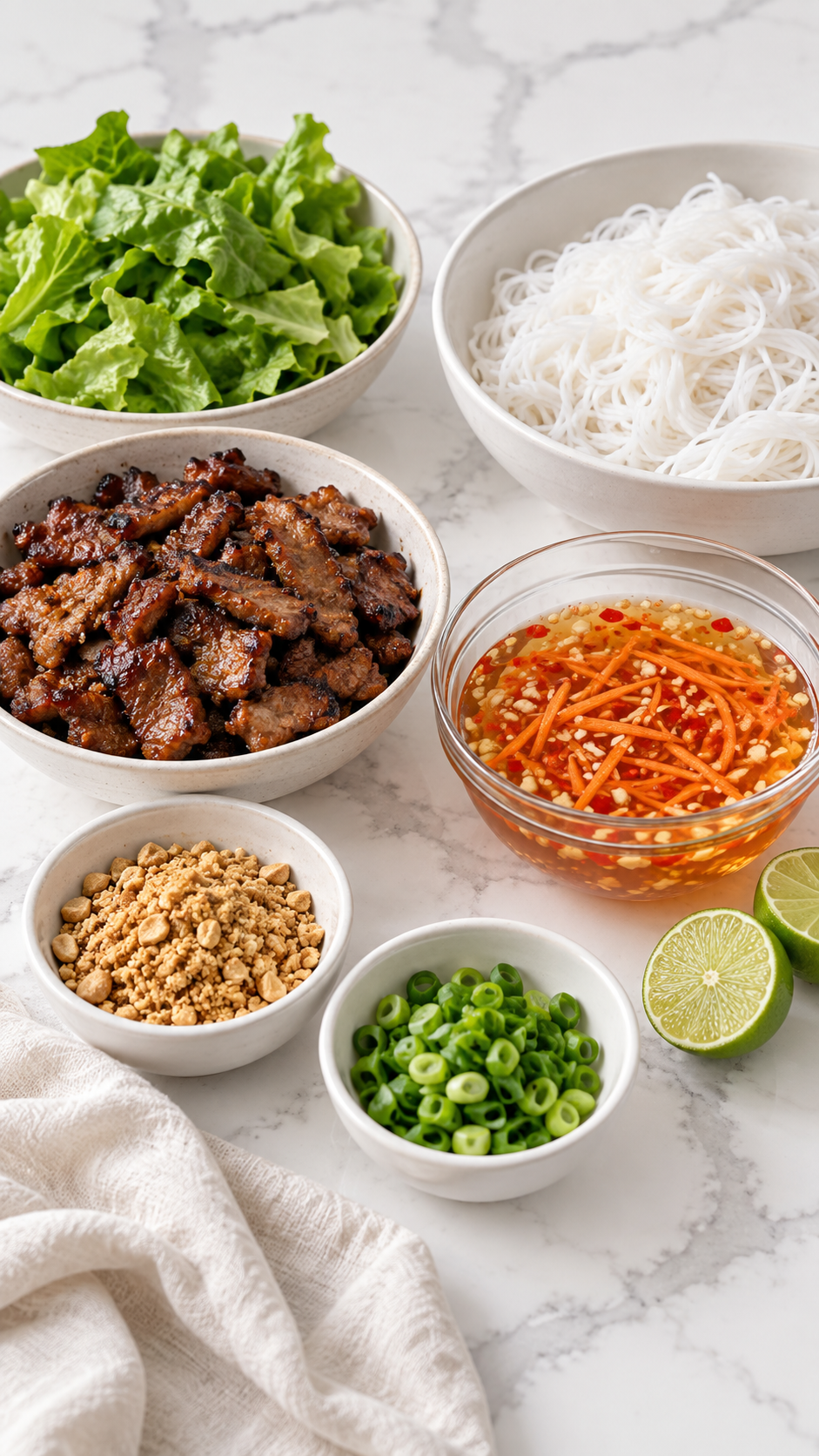 Nuoc cham with minced garlic, chile and carrot matchsticks beside noodle bowl components