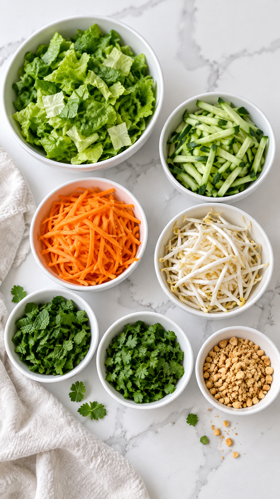 Prepared lettuce, cucumber, carrots, sprouts, mint, cilantro and peanuts