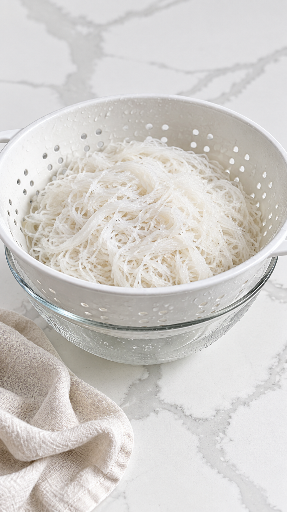 Rinsed rice vermicelli draining in a colander over a glass bowl