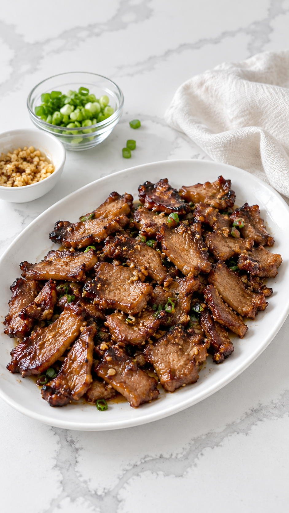 Thin browned pork slices transferred to a serving platter