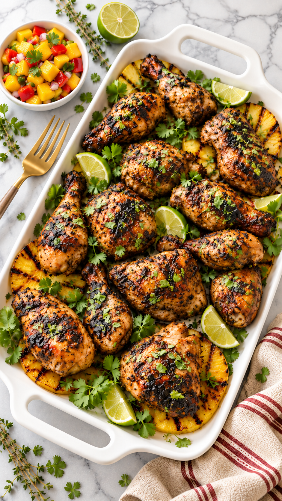 Overhead view of jerk chicken drumsticks and thighs with lime and optional grilled pineapple