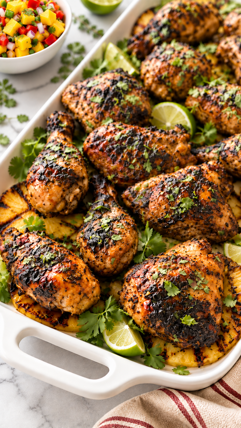 Close-up of uneven charred skin on homemade jerk chicken thighs and drumsticks