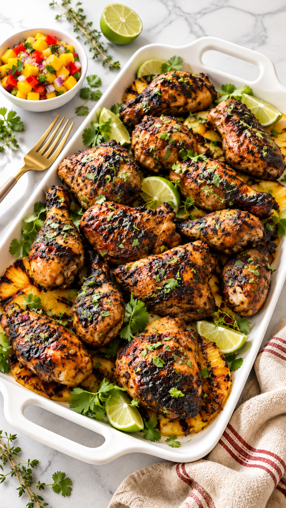 Grilled Jamaican jerk chicken with lime on a white rectangular handled platter