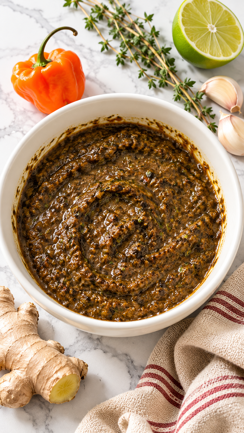 Thick blended jerk marinade with allspice and herbs