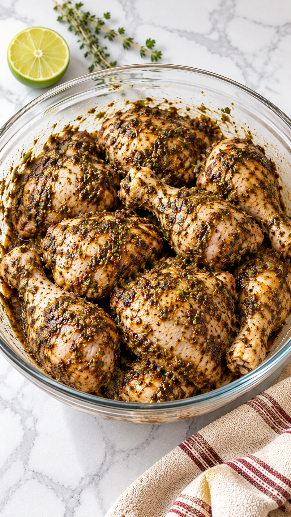 Raw chicken thighs and drumsticks fully coated in jerk marinade before refrigeration