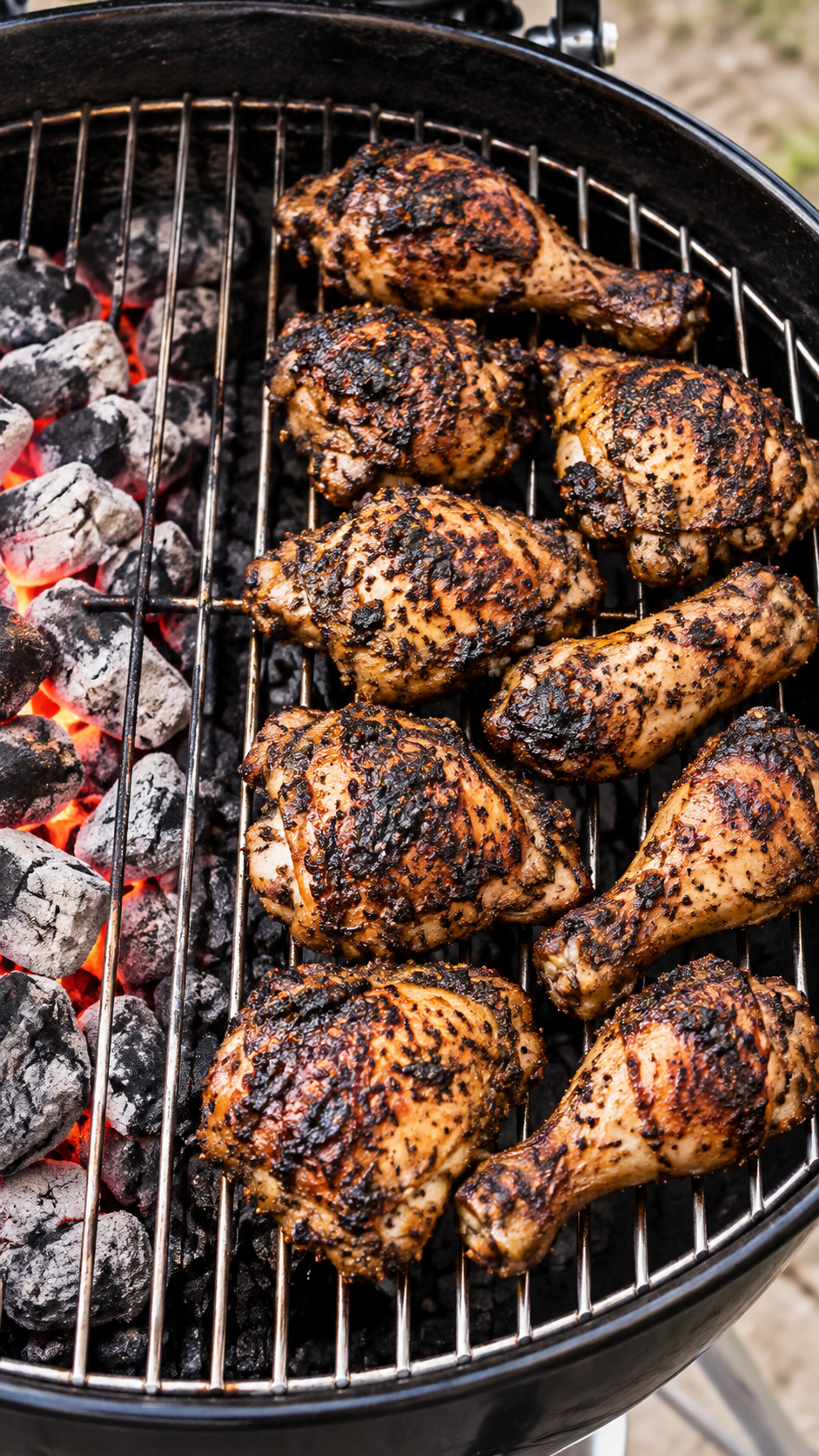 Jerk chicken cooking over indirect heat on a charcoal grill with coals banked to one side