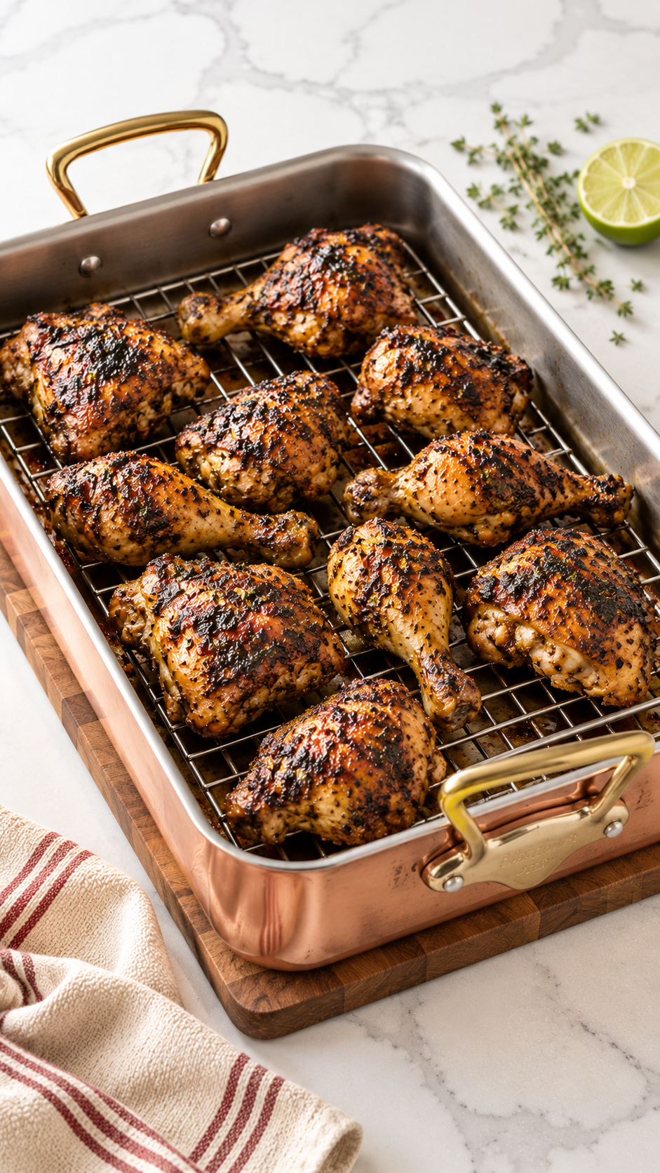 Oven-baked jerk chicken on a rack in a copper roasting pan after broiling