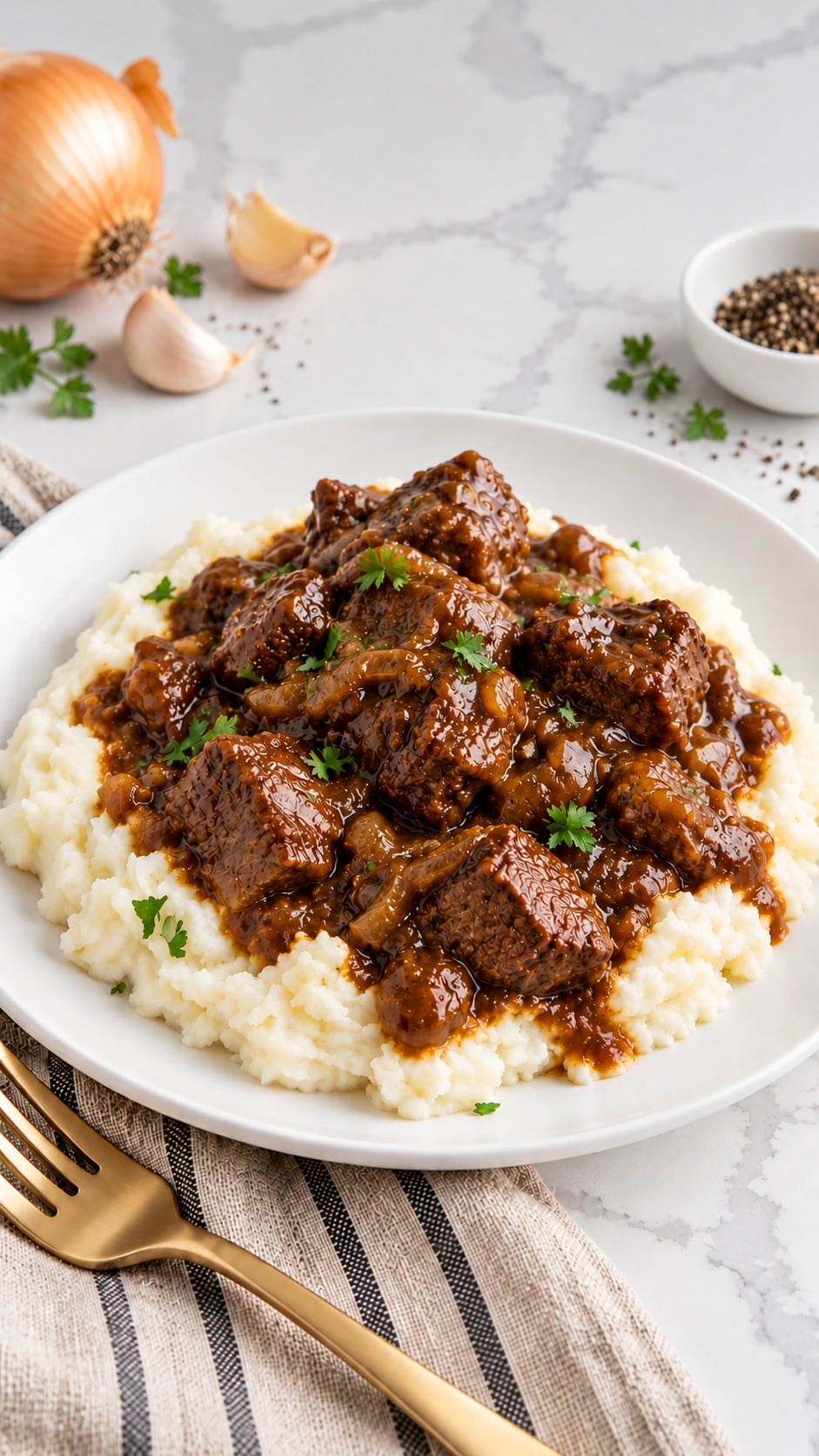 Homemade beef tips and gravy spooned over mashed potatoes for serving.