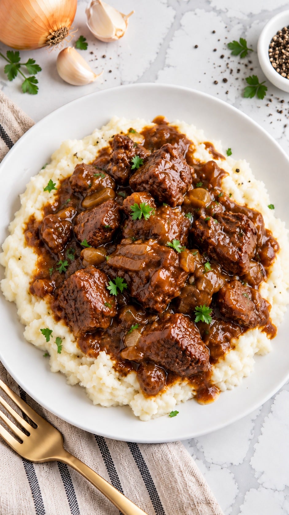 Overhead view of sirloin beef tips and gravy over mashed potatoes.