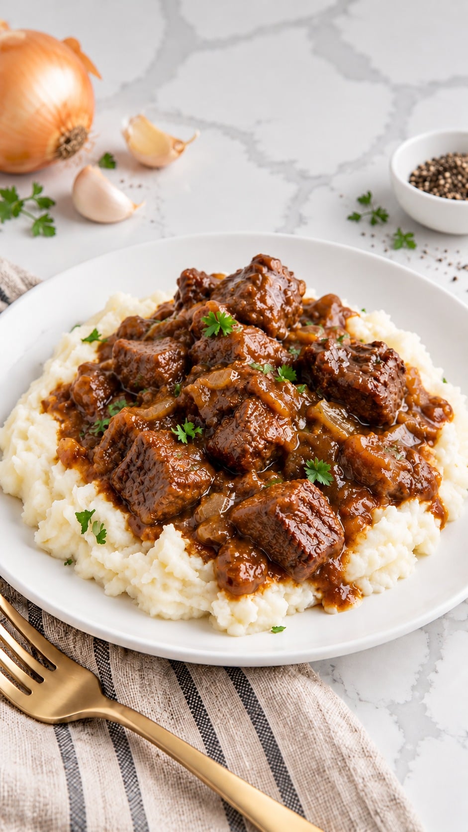 Close view of browned sirloin pieces and onion gravy with mashed potatoes.