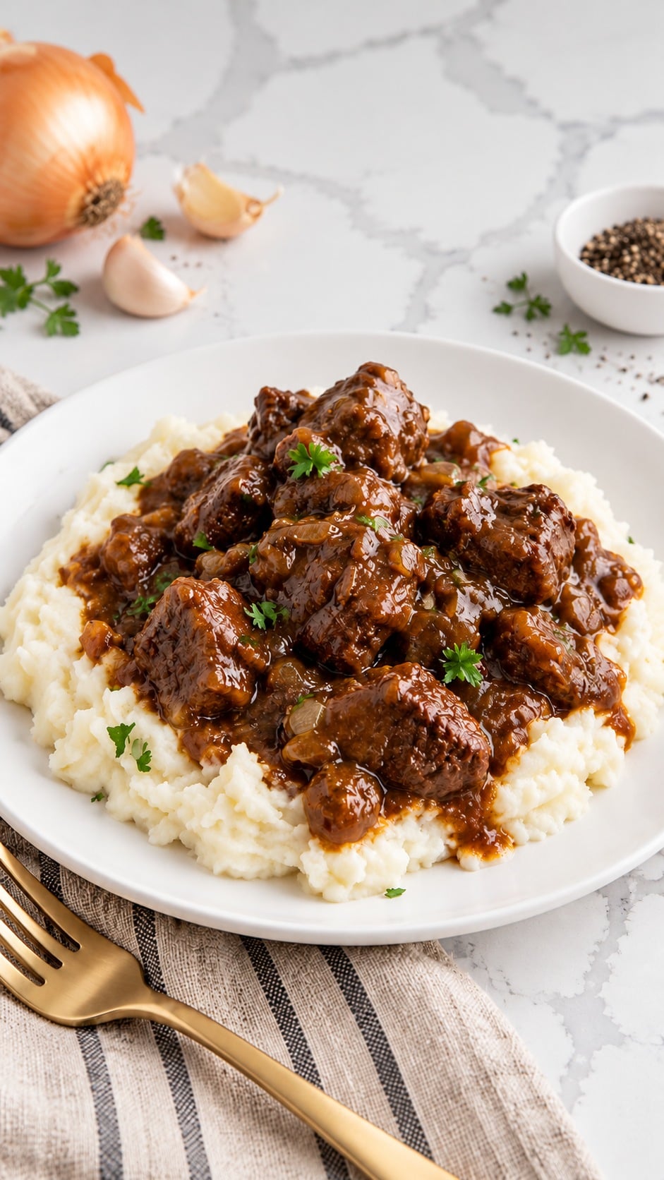 Beef tips and brown onion gravy served over mashed potatoes on a plain white plate.