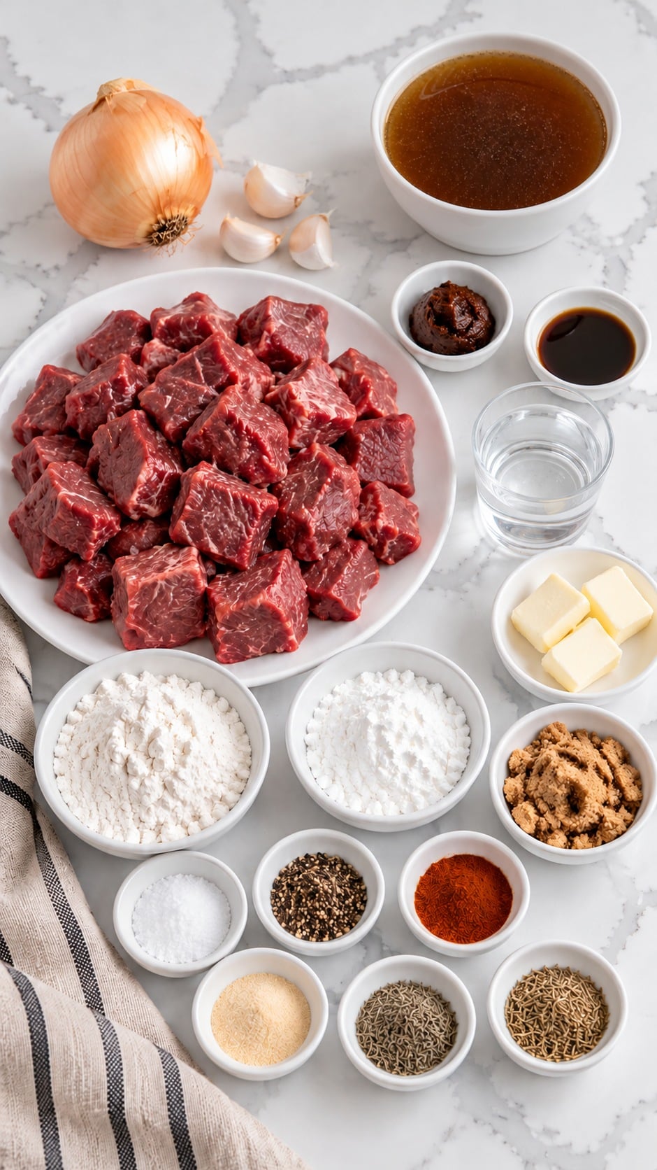 Sirloin, onion, garlic, broth, salted butter, flour, cornstarch, seasonings, bouillon, Worcestershire sauce, and water.