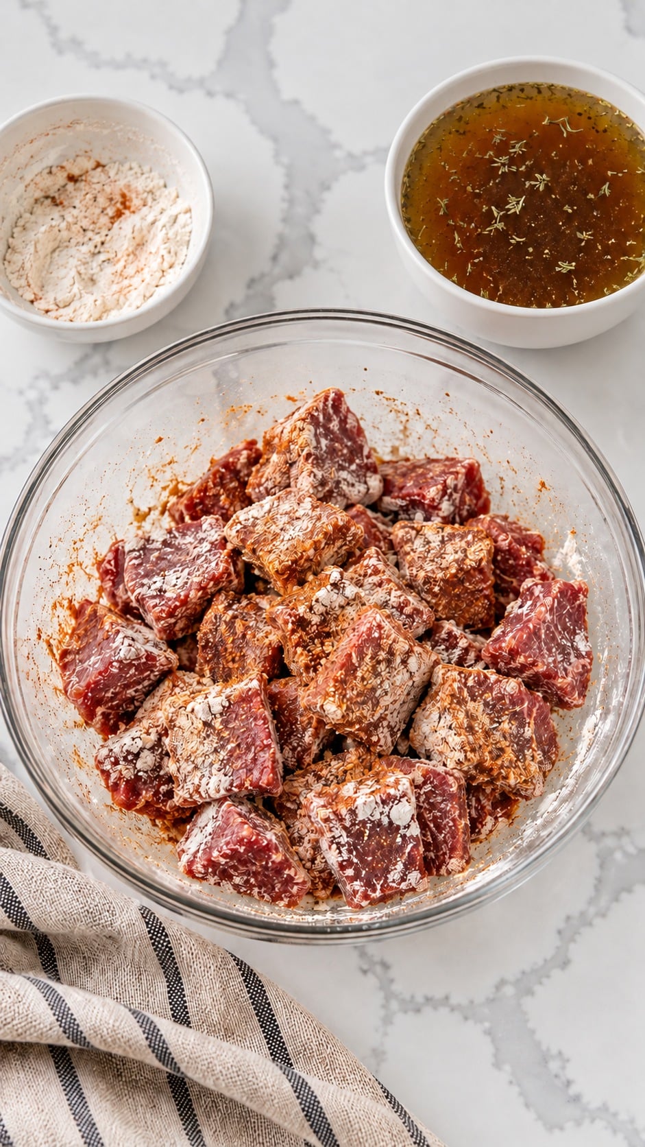 Seasoned sirloin pieces lightly coated with flour beside the prepared broth mixture.