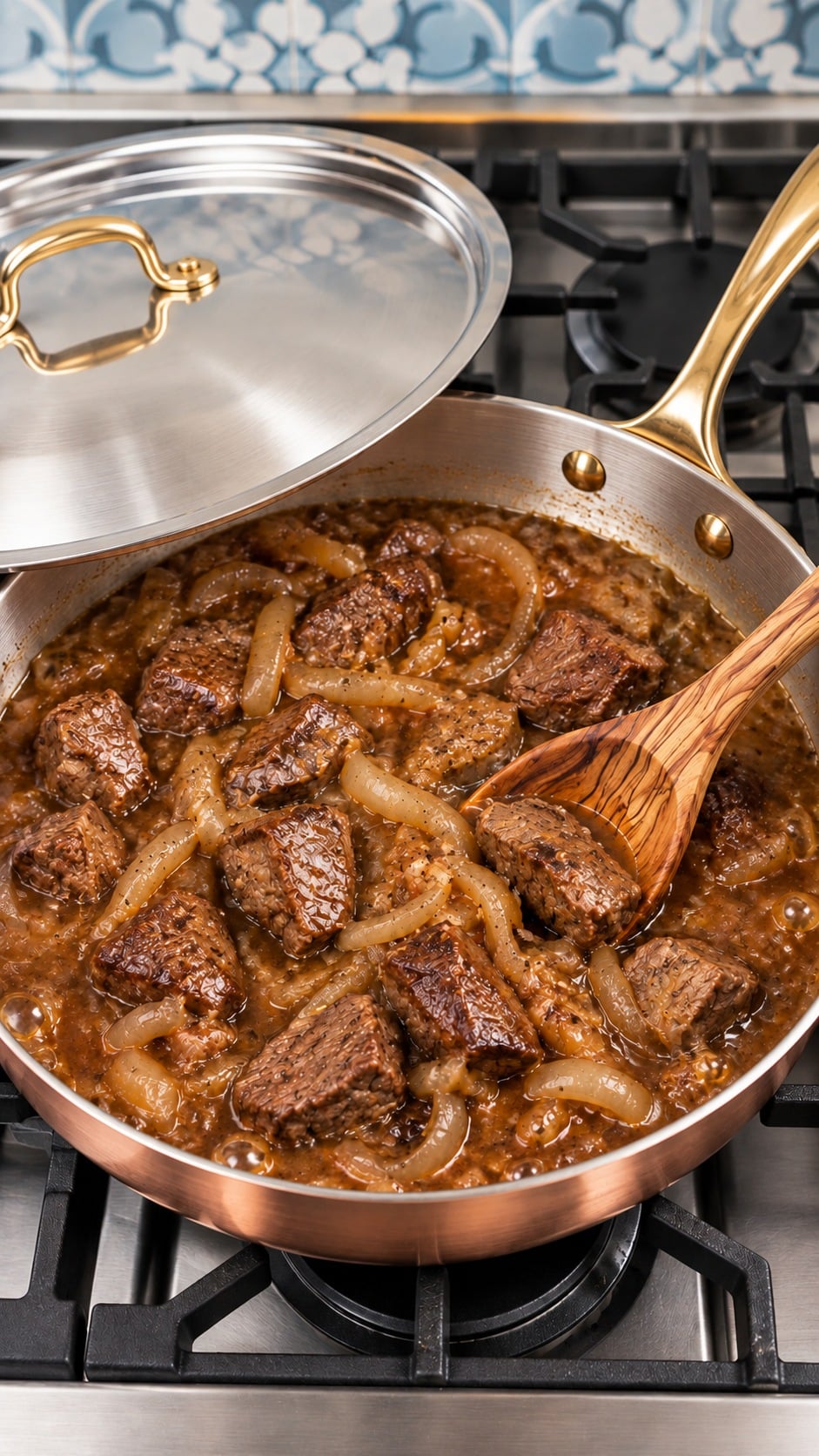Beef and onion gravy simmering gently in a partially covered sauté pan.