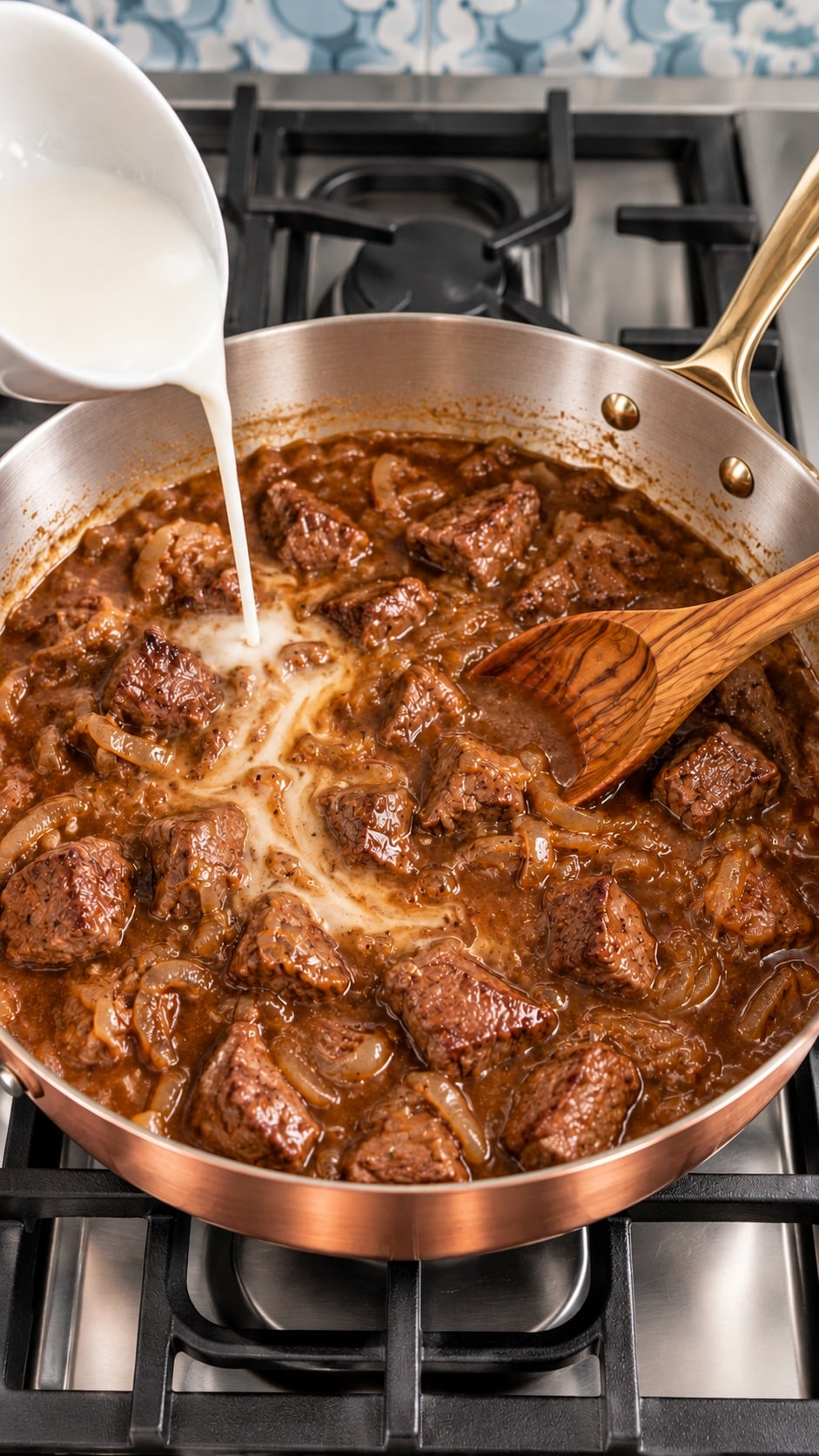 Cornstarch slurry being added gradually to simmering beef gravy.