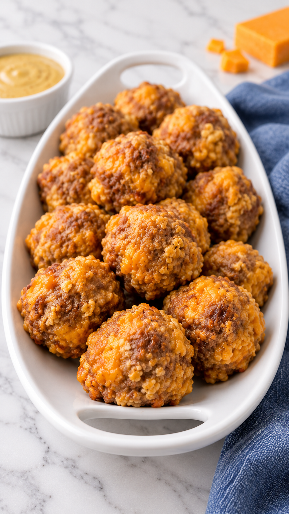 Bisquick sausage balls served on a handled white platter beside honey mustard.