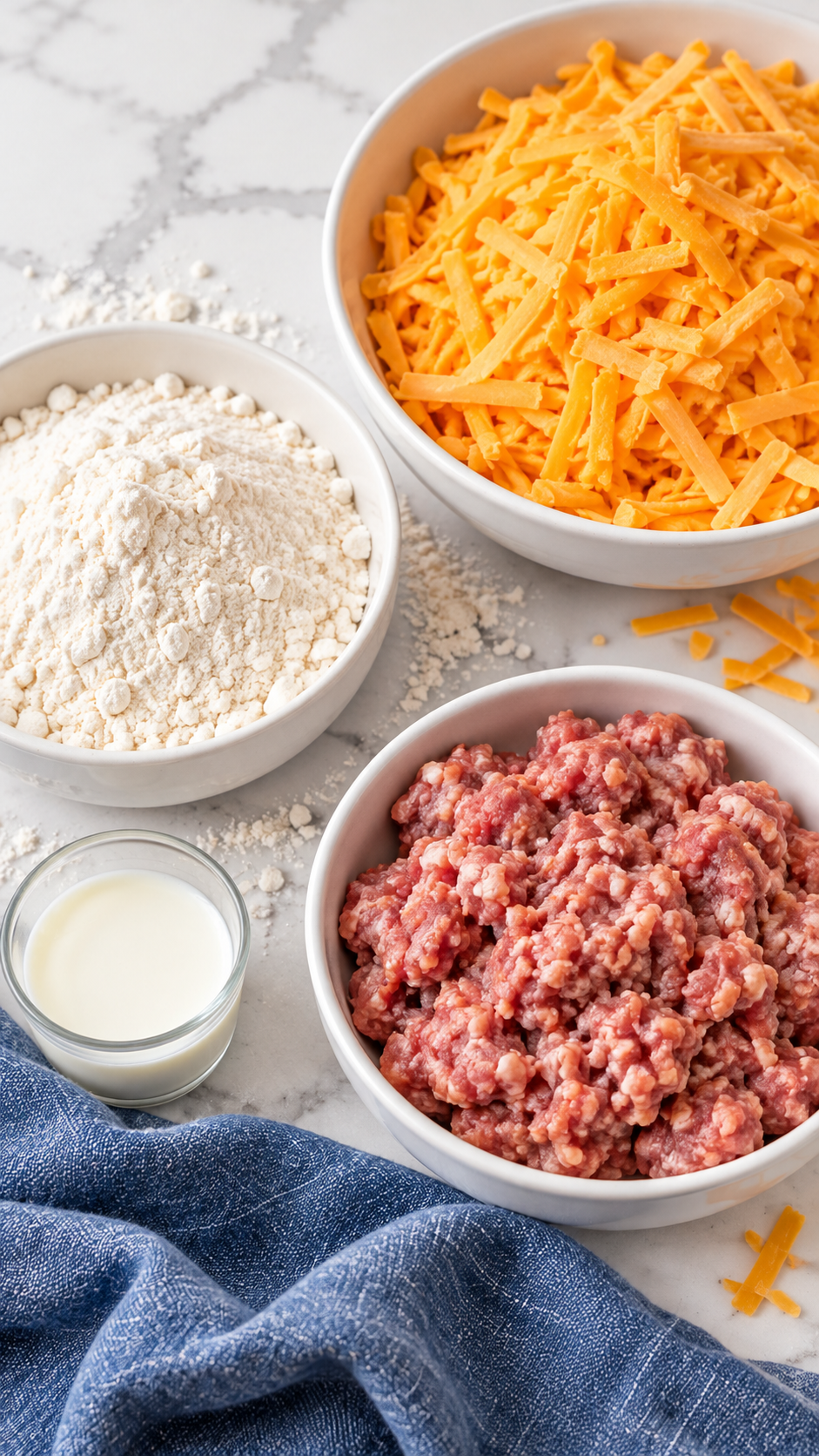 Pork breakfast sausage, Bisquick baking mix, shredded sharp cheddar and milk.