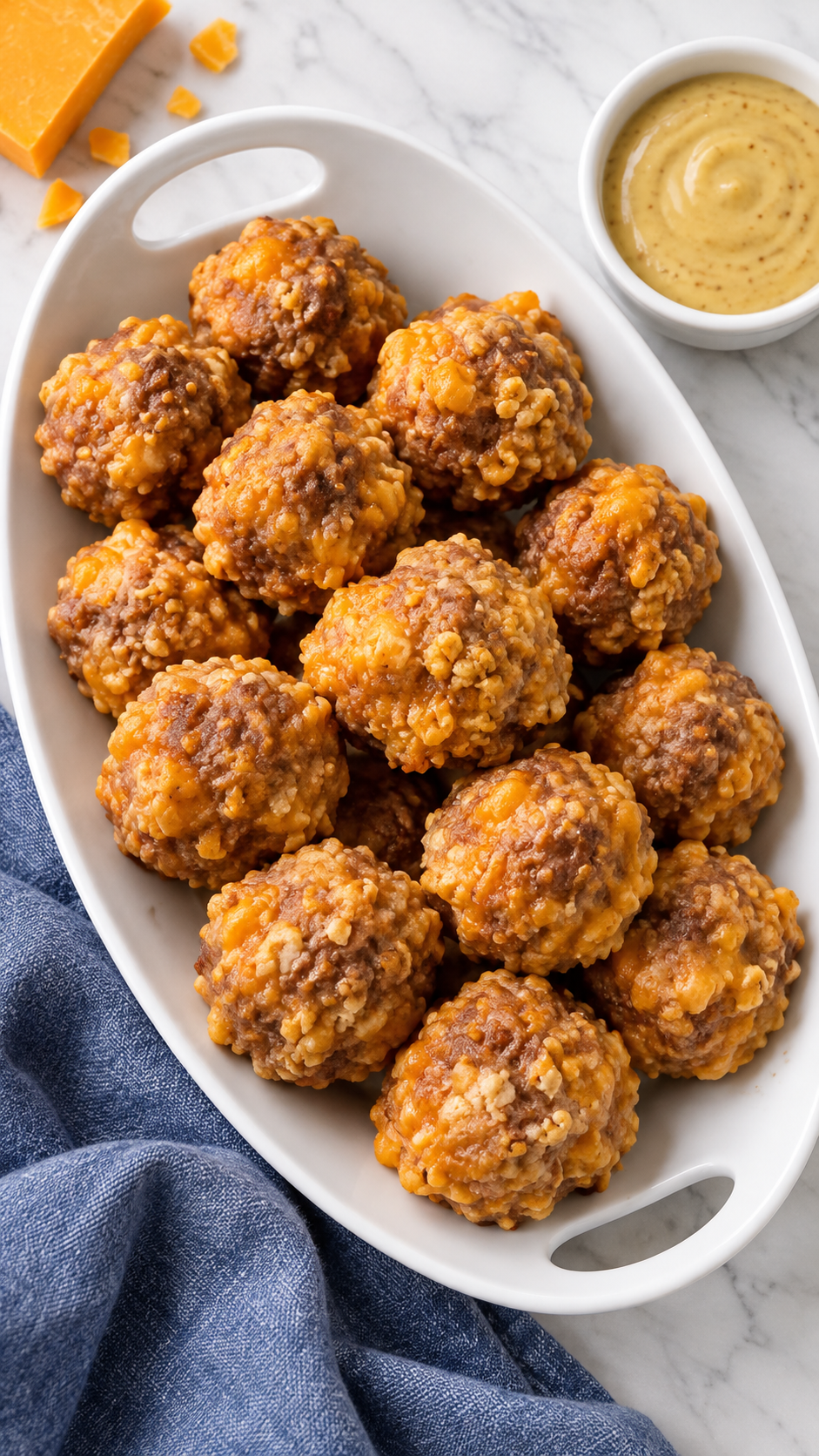 Overhead view of cheddar sausage balls on a white handled platter.