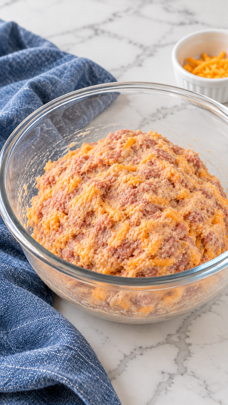 Cohesive raw sausage, Bisquick, cheddar and milk mixture in a glass mixing bowl.
