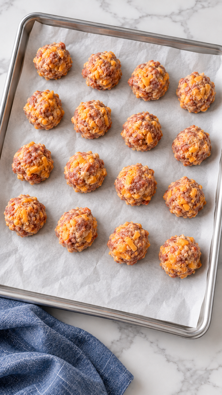 Raw sausage balls spaced on a parchment-lined baking sheet.