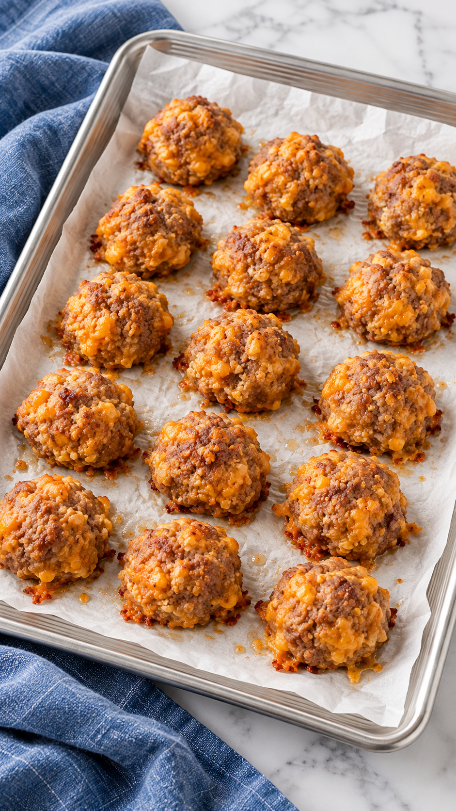 Golden brown sausage balls on a parchment-lined baking sheet.