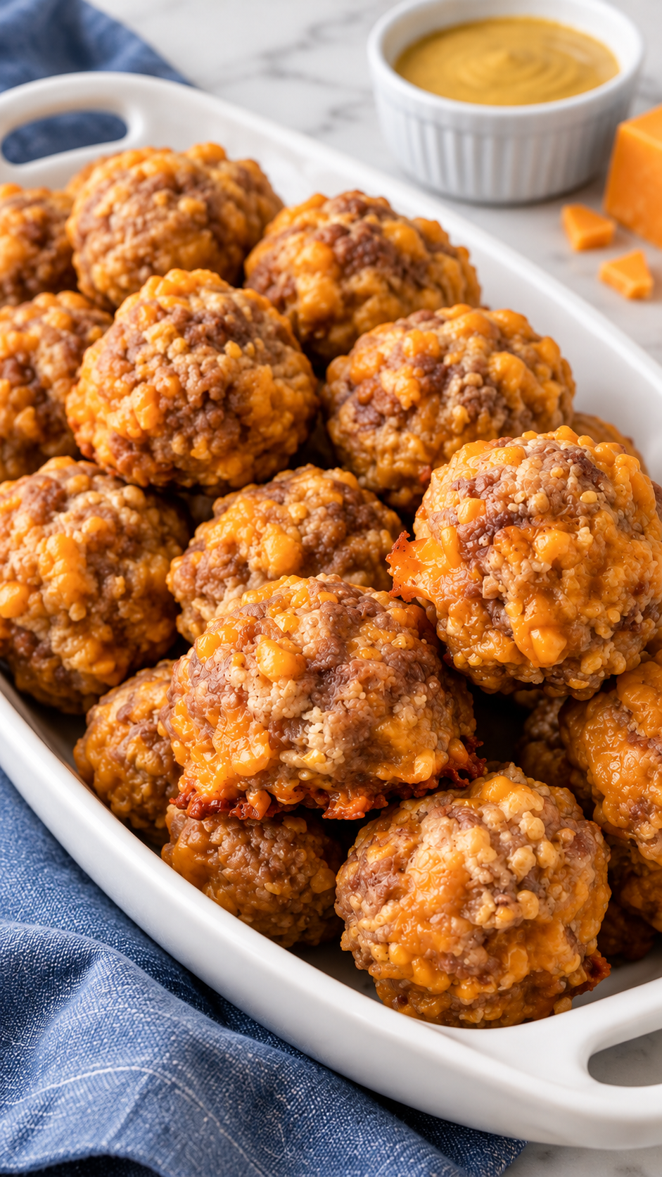 Close view of browned sausage and cheddar texture in Bisquick sausage balls.