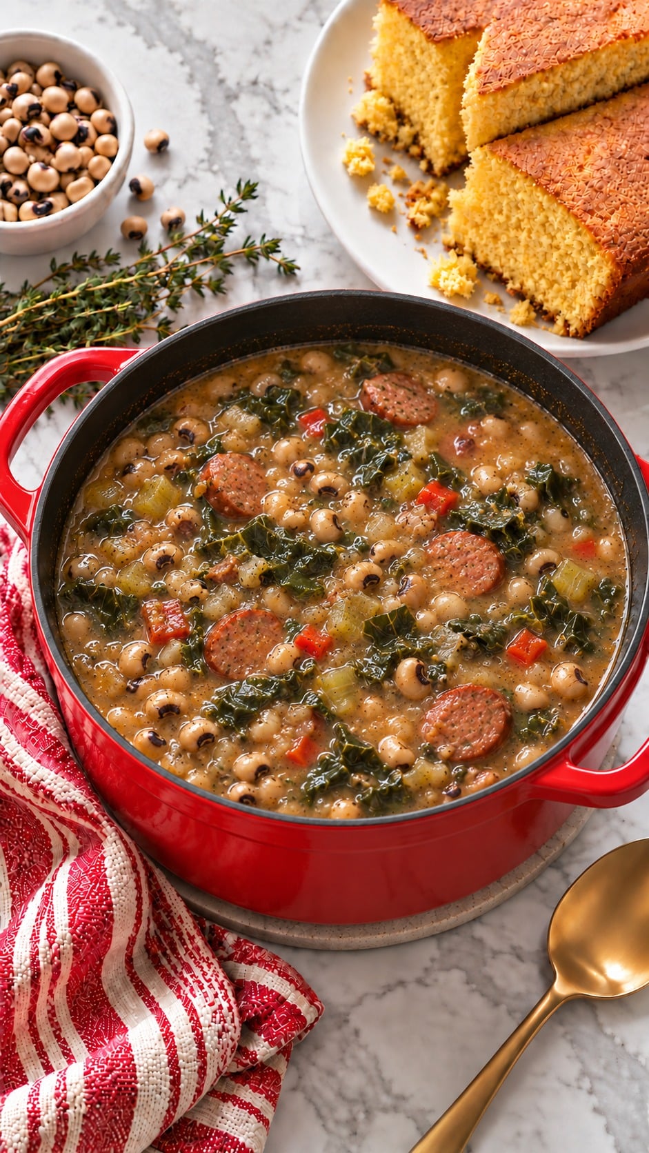 Homemade black-eyed pea soup with andouille and cooked collard greens served with cornbread