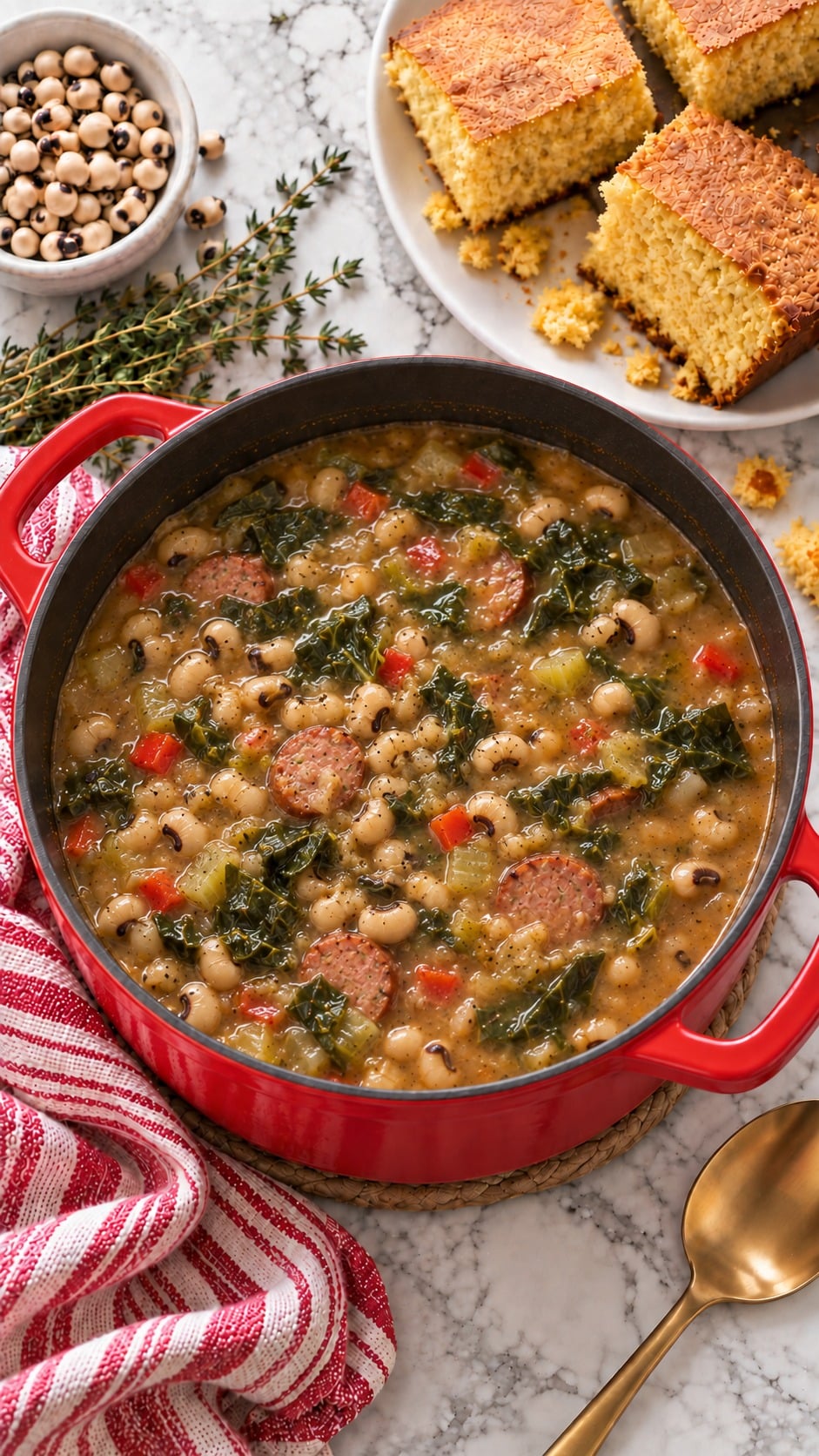 Overhead view of creamy black-eyed peas, andouille and collard greens in a red Dutch oven