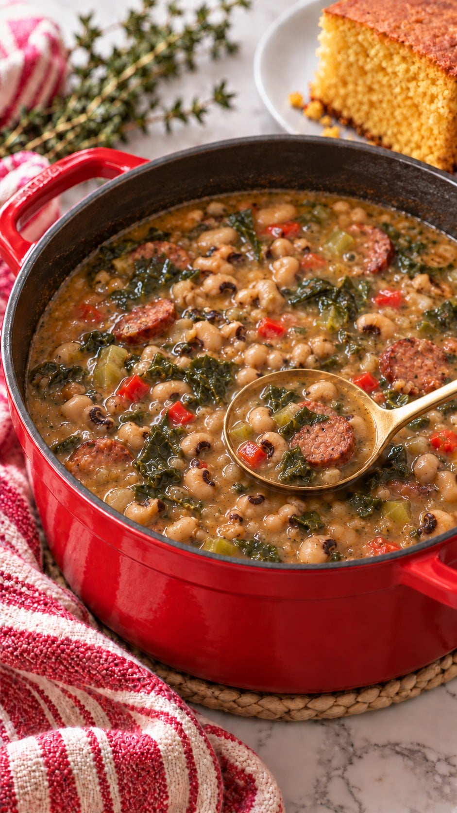 Gold ladle holding black-eyed pea soup with a small sausage round and tender collard greens