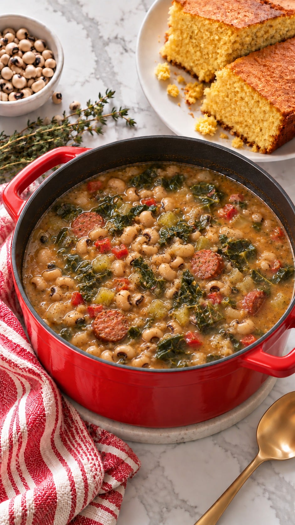 Black-eyed pea soup with sausage, collard greens, red bell pepper and celery in a red Staub Dutch oven