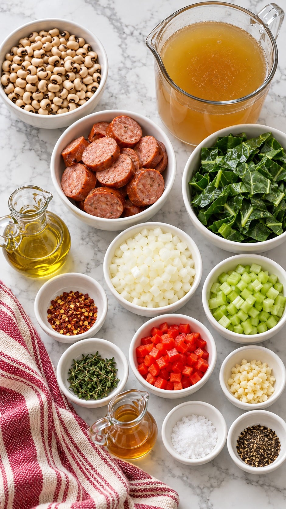 Black-eyed peas, andouille, collard greens, diced vegetables, stock and seasonings for the soup