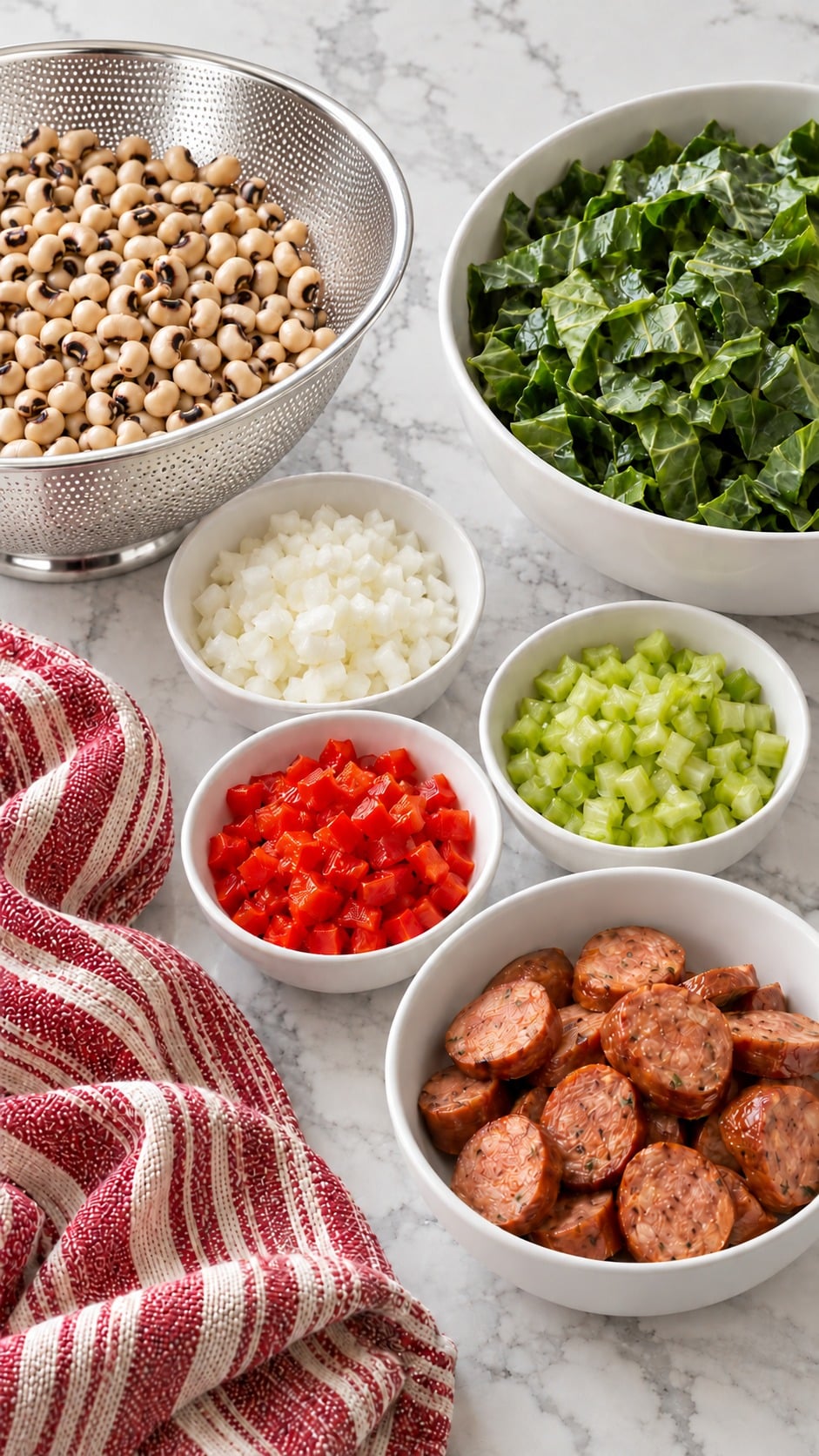 Rinsed black-eyed peas, chopped collard greens, diced onion, celery and red bell pepper ready to cook