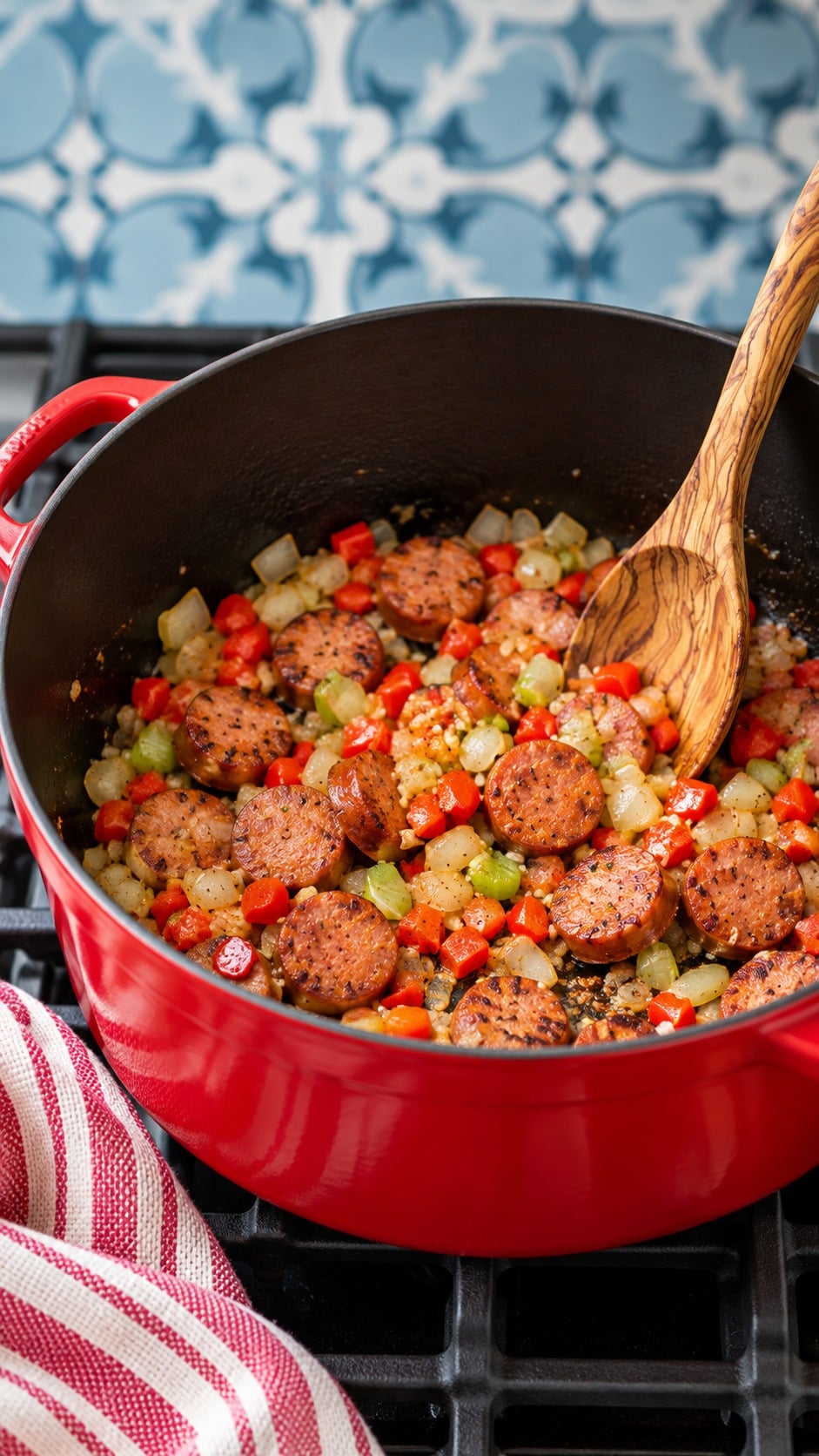 Sausage rounds browning with finely diced onion, celery and red bell pepper in a Dutch oven