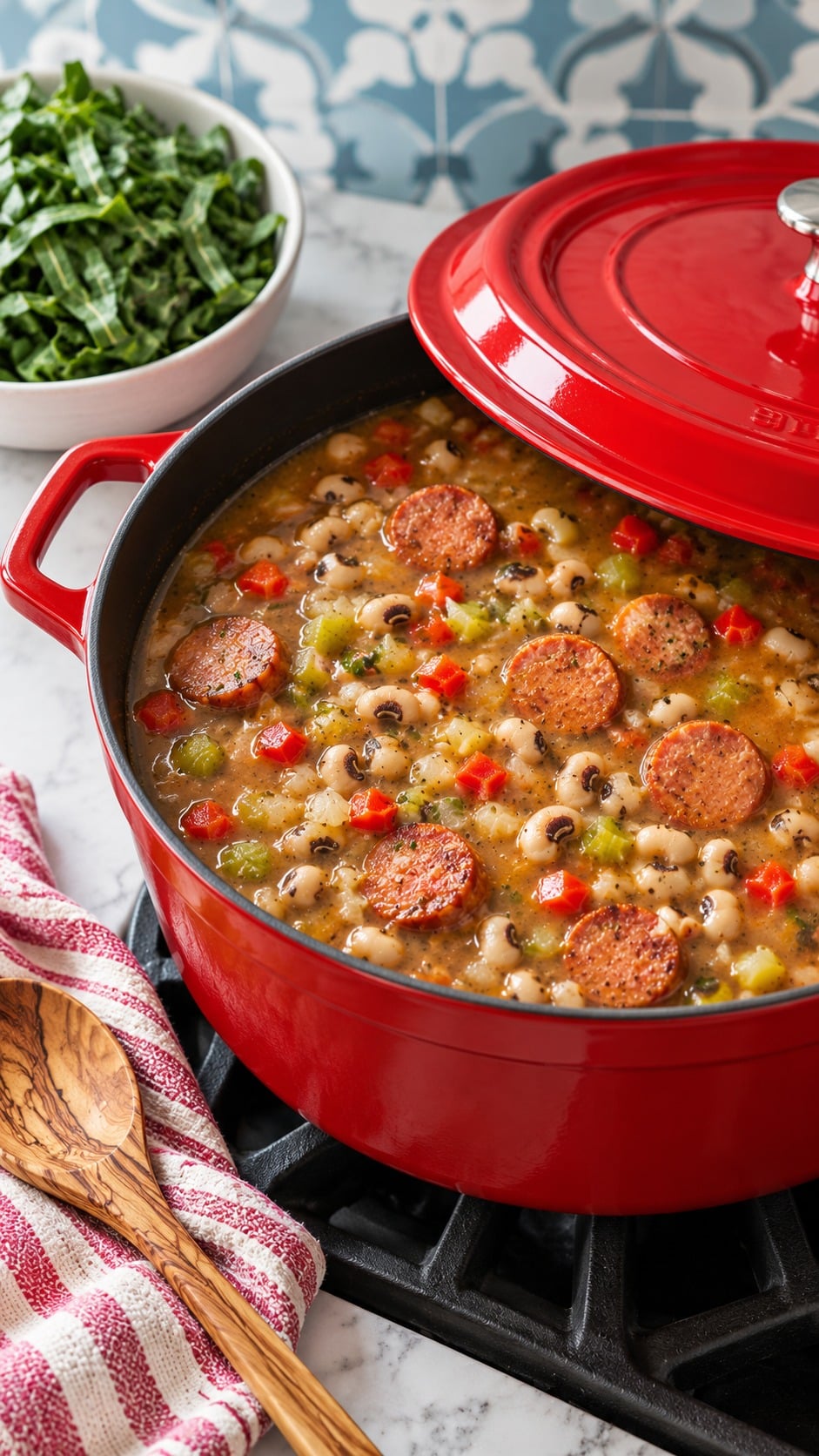 Black-eyed peas simmering in stock with sausage and diced vegetables before adding the greens