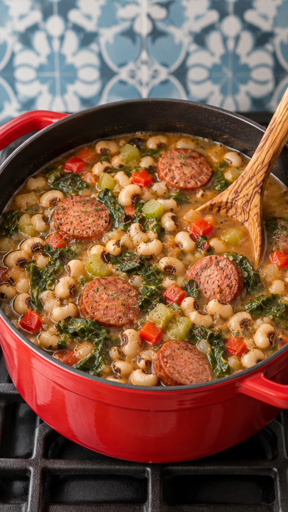 Collard greens and thyme cooking with the nearly tender peas and sausage