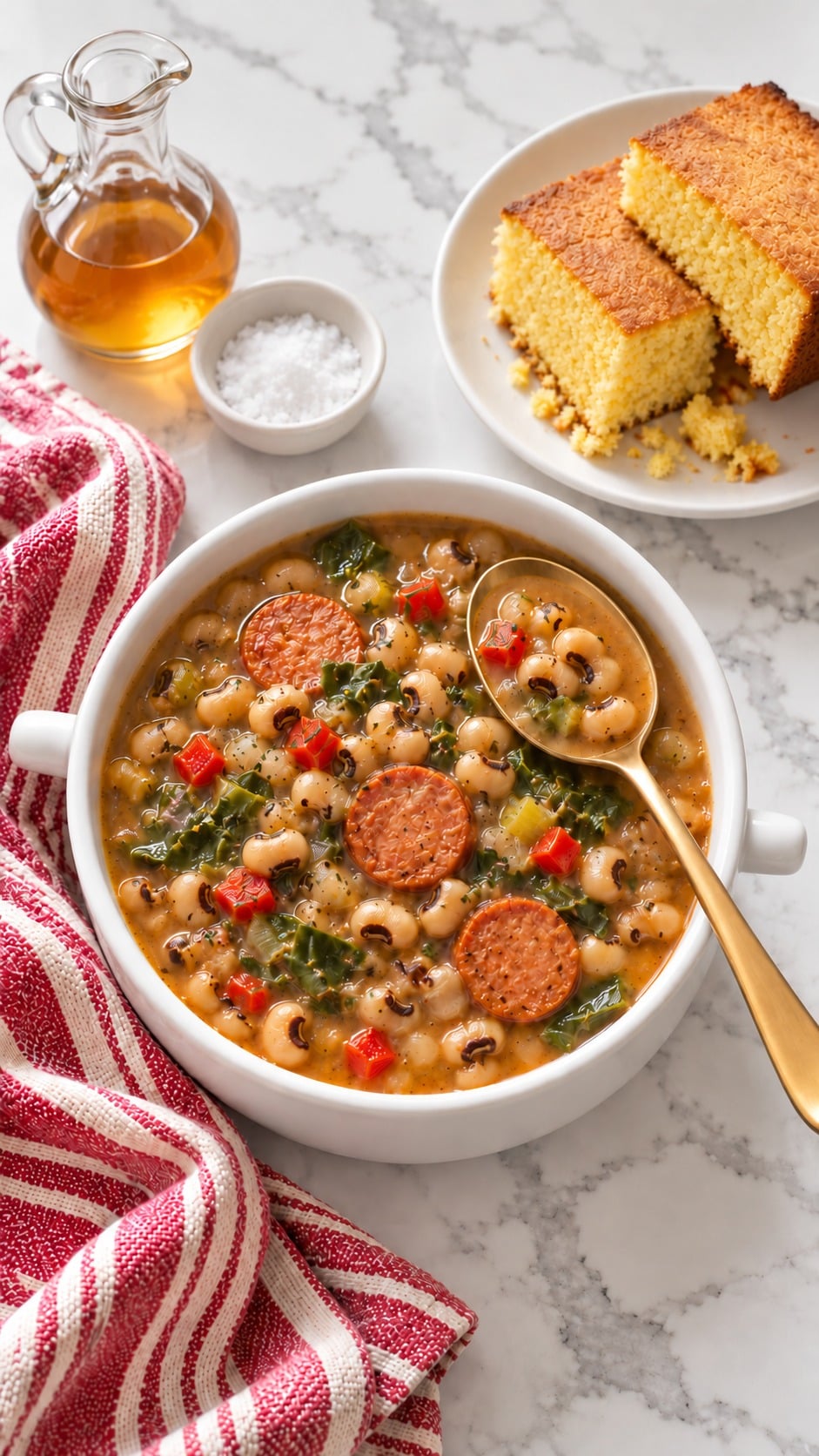 Finished black-eyed pea soup with vinegar and seasonings ready for serving
