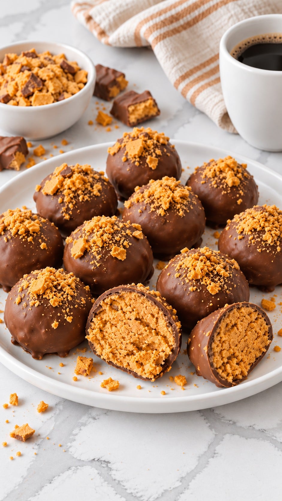 Finished homemade Butterfinger balls with crushed candy topping and an exposed peanut butter center.