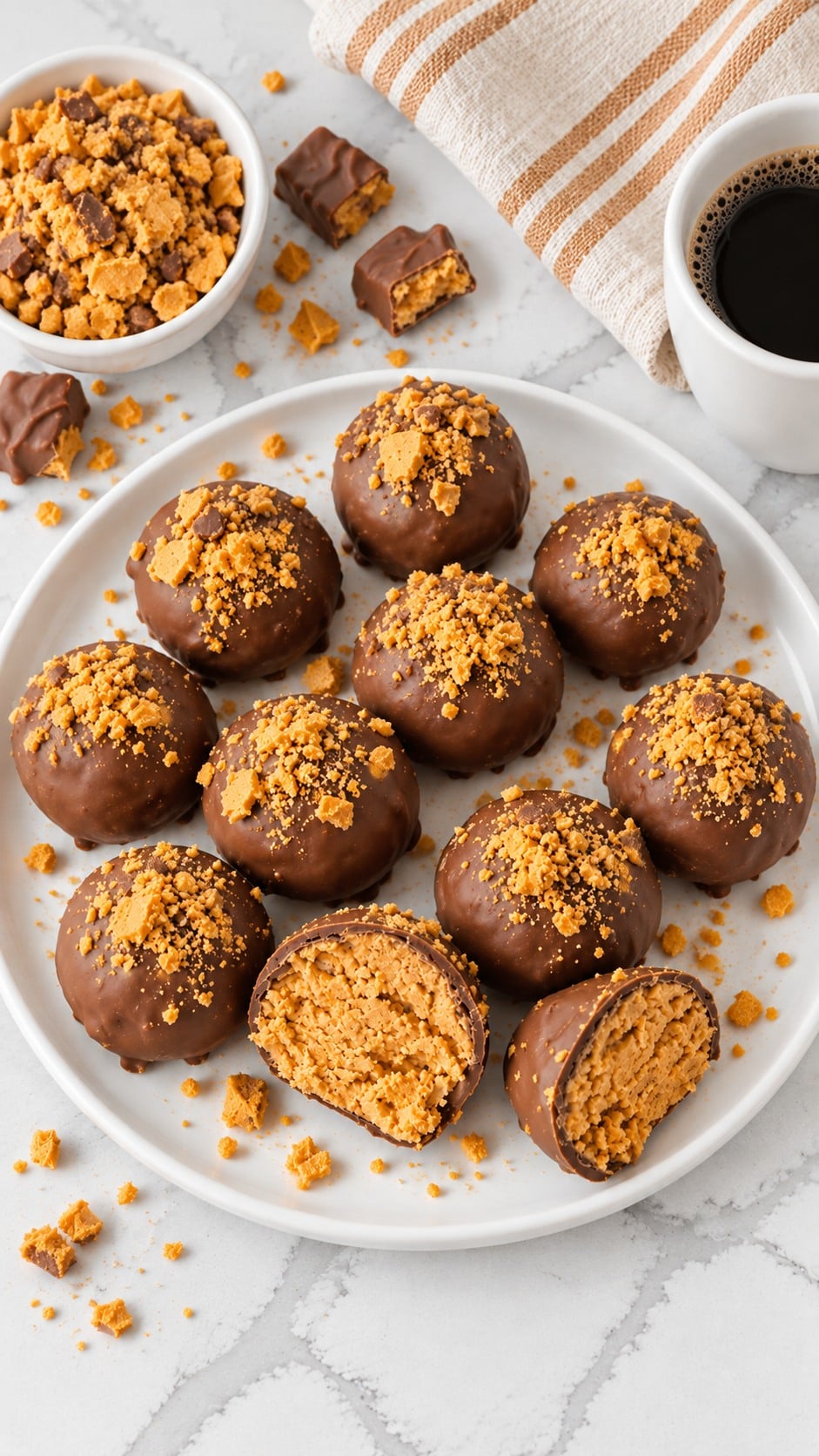 Overhead view of homemade Butterfinger balls and two halves on a plain white plate.