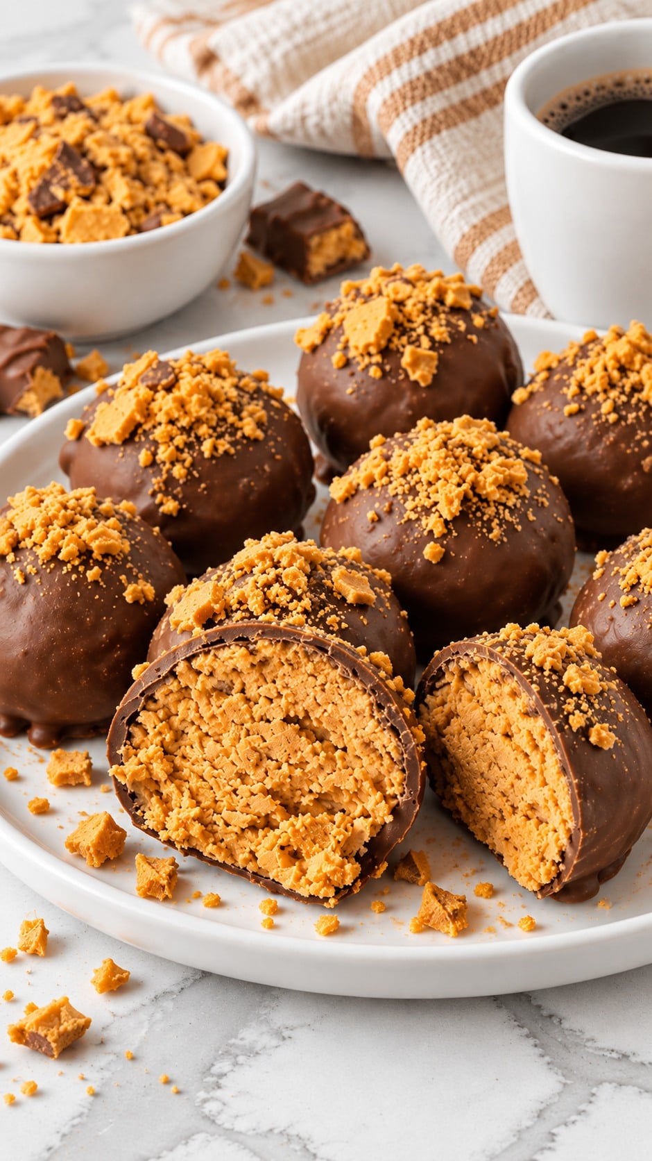 Close view of the coarse peanut butter, graham cracker and Butterfinger filling inside a thin chocolate shell.