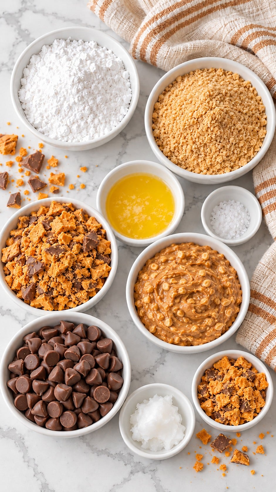 Powdered sugar, graham cracker crumbs, crushed Butterfinger bars, melted salted butter, kosher salt, crunchy peanut butter, milk chocolate chips and coconut oil.