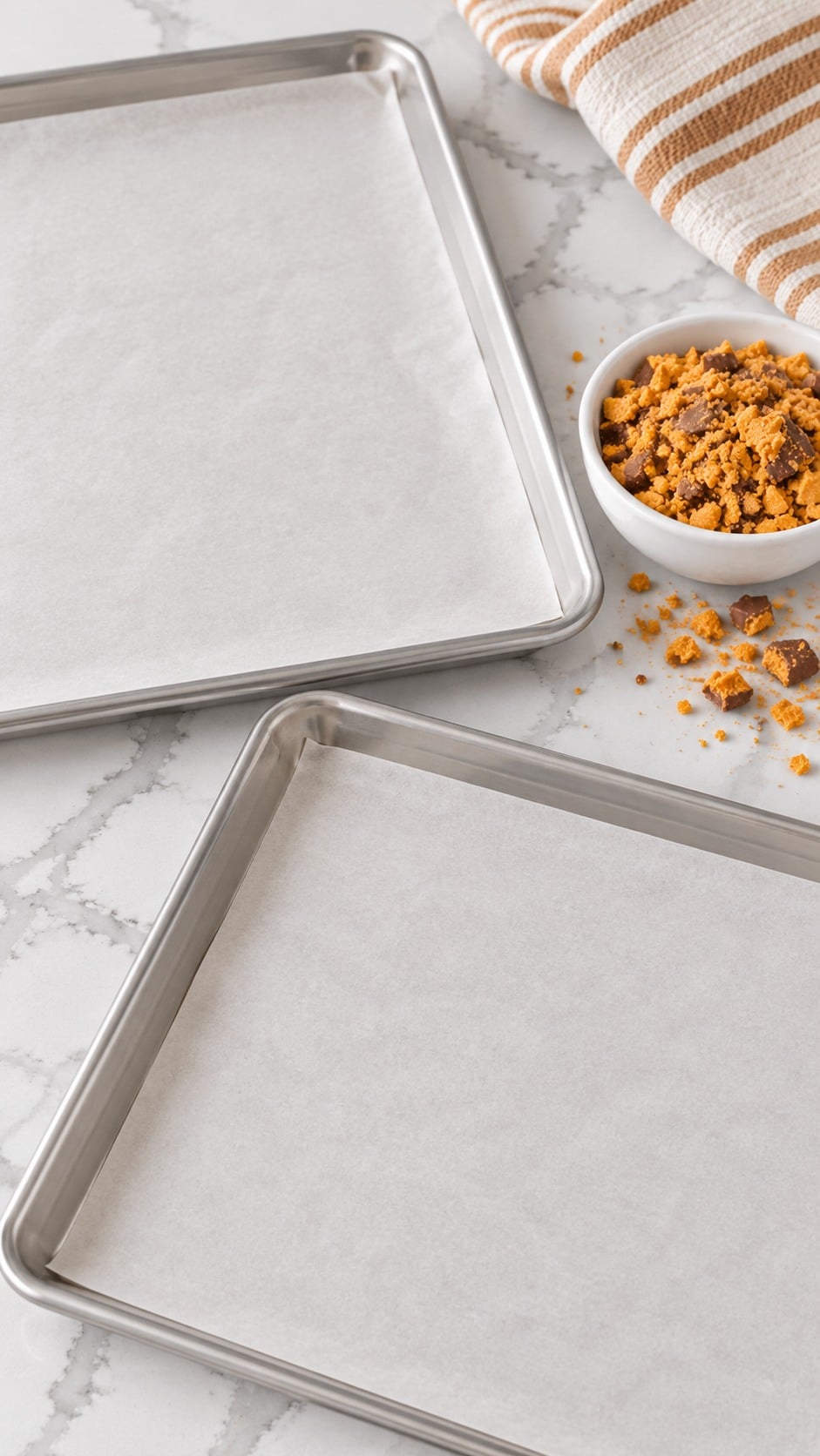Two large baking sheets lined with parchment and a separate bowl of crushed Butterfinger topping.