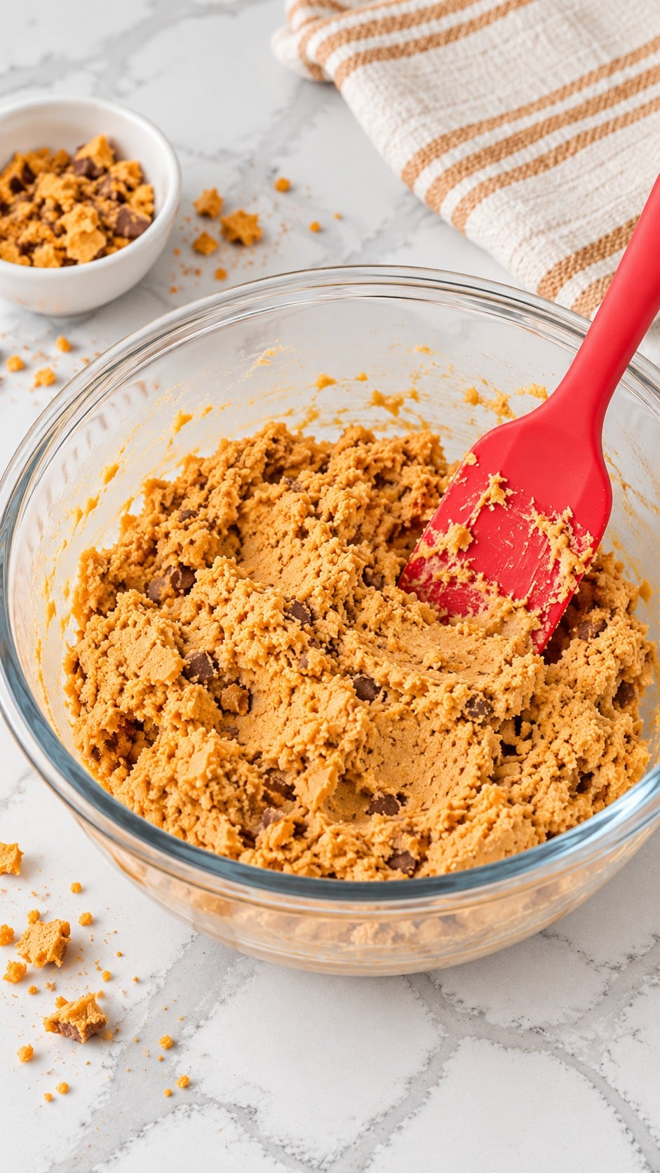 Golden peanut butter filling mixed with graham cracker crumbs and crushed Butterfinger bars in a glass bowl.